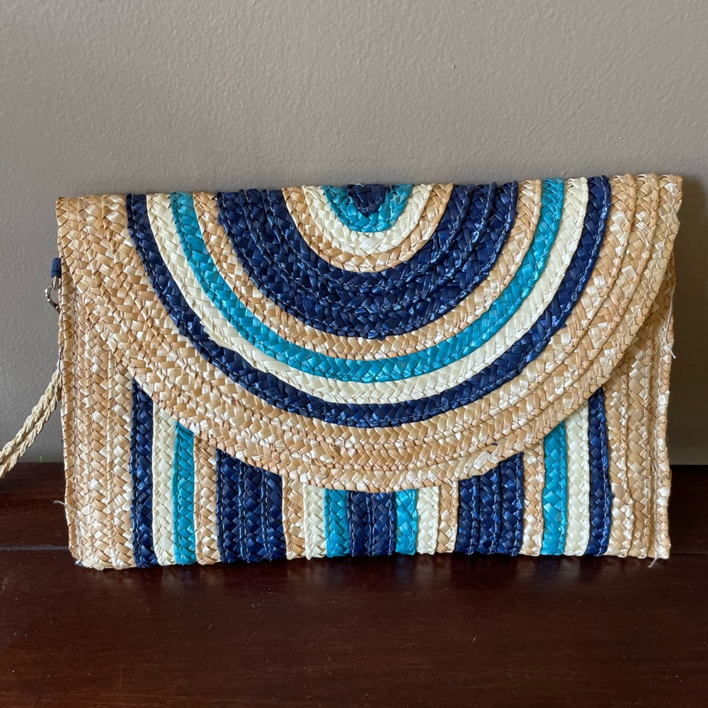 Mud Pie Stripe Straw Envelope Clutch Purse Bag Wristlet Blue NWOT